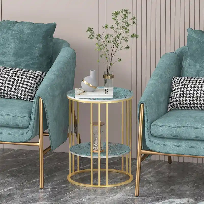 2 Tier Round Sintered Stone End Table Sofa Side Table with Golden Frame