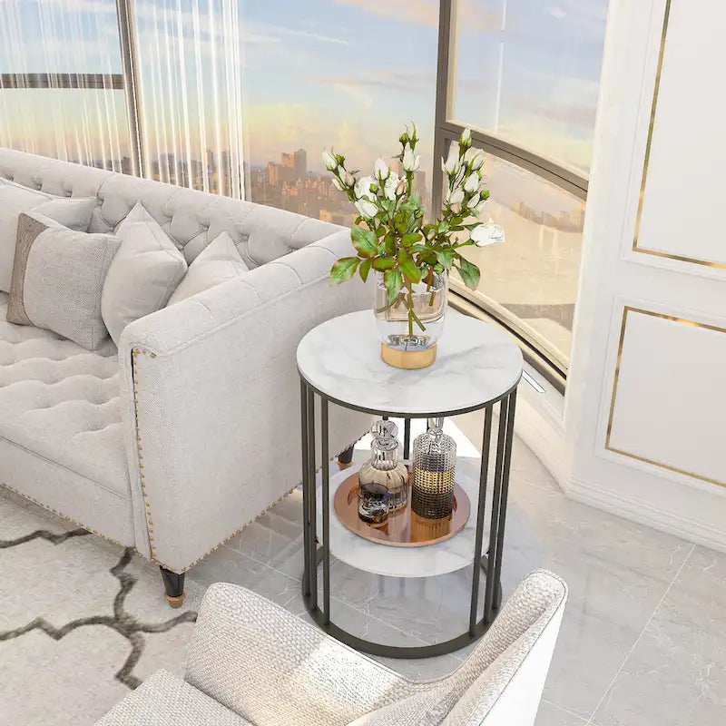 2 Tier Round Sintered Stone End Table Sofa Side Table with Golden Frame