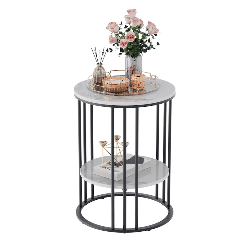 2 Tier Round Sintered Stone End Table Sofa Side Table with Golden Frame