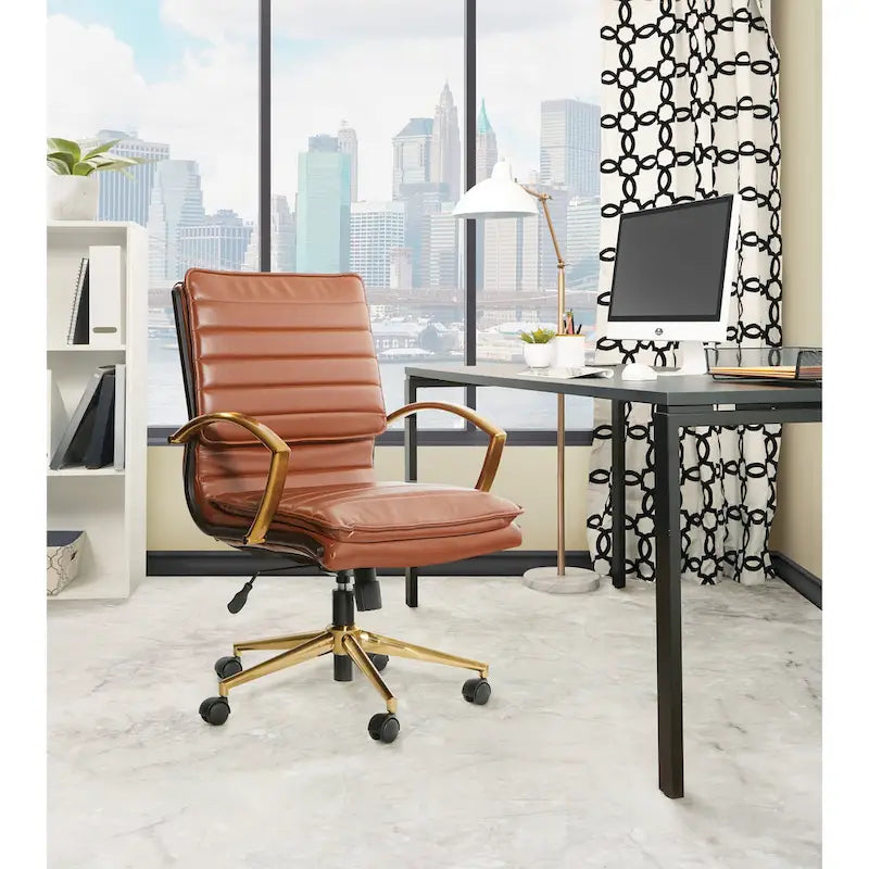 Gold Base Mid-back Faux Leather Office Chair