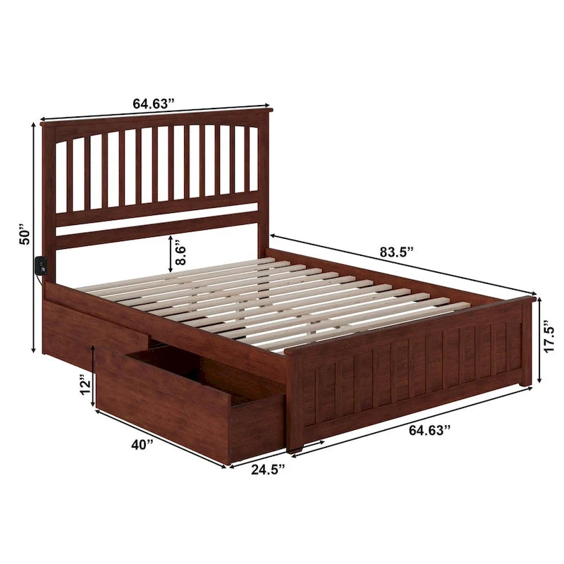 Queen Platform Bed with 2 Bed Drawers in Walnut
