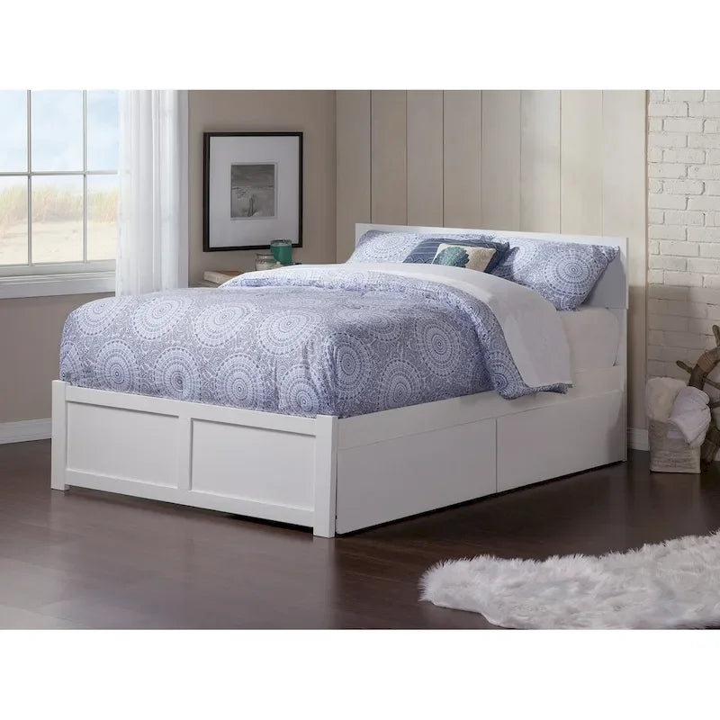 Queen White Paneled Platform Bed with 2 Drawers