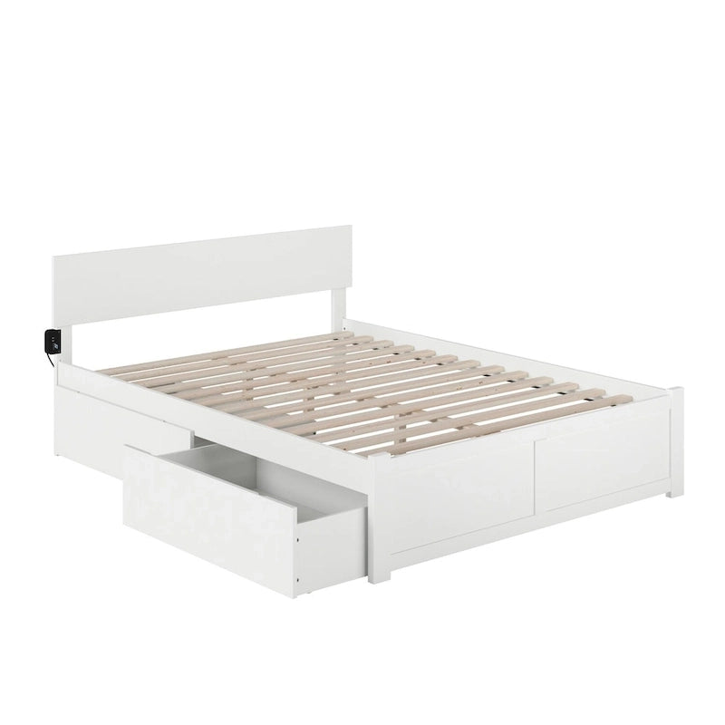 Queen White Paneled Platform Bed with 2 Drawers