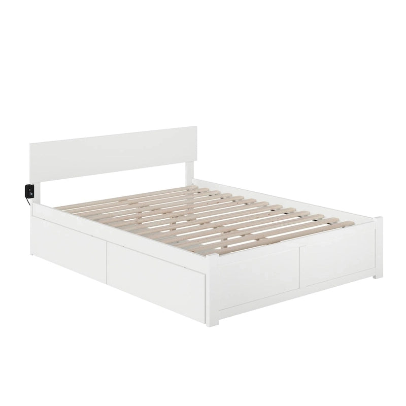 Queen White Paneled Platform Bed with 2 Drawers