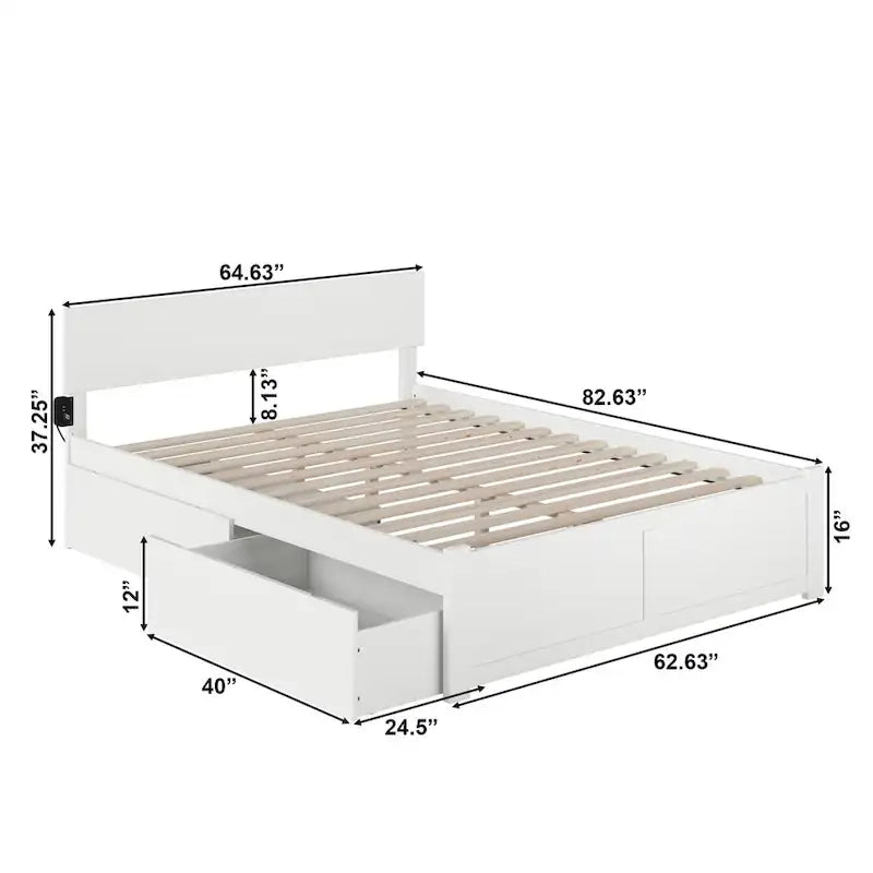 Queen White Paneled Platform Bed with 2 Drawers
