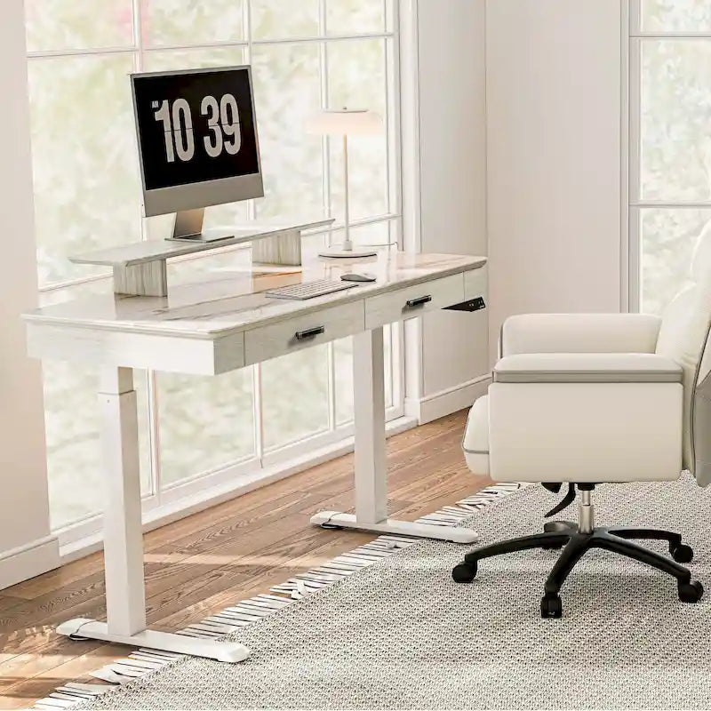 55 Slate Stone Standing Desk Executive Writing Desk with 2 Drawers & Monitor Stand