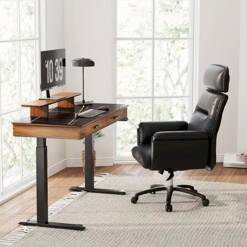 55 Slate Stone Standing Desk Executive Writing Desk with 2 Drawers & Monitor Stand