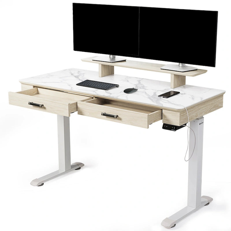 55 Slate Stone Standing Desk Executive Writing Desk with 2 Drawers & Monitor Stand