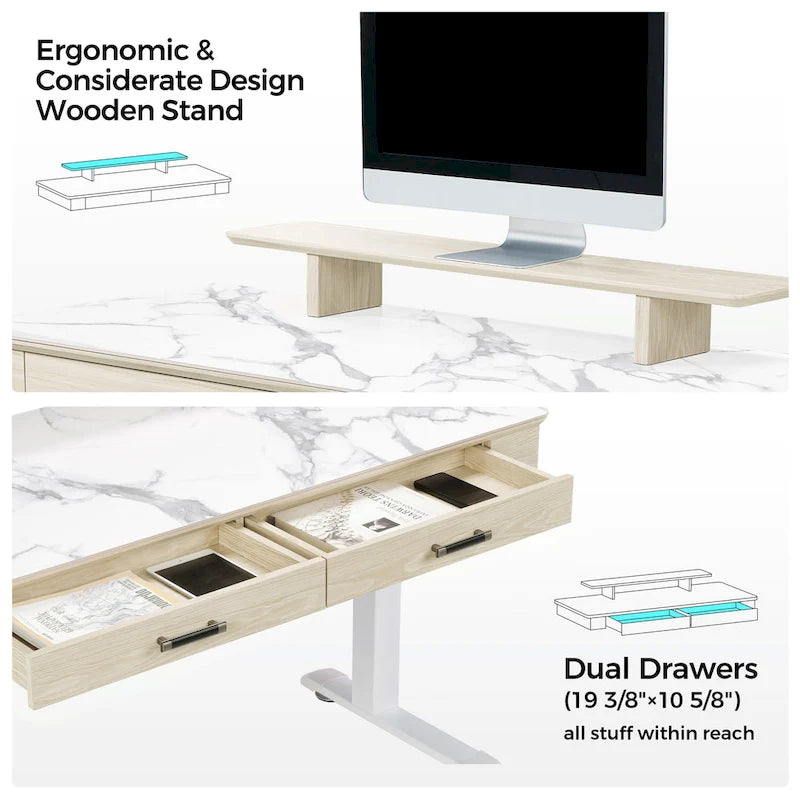 55 Slate Stone Standing Desk Executive Writing Desk with 2 Drawers & Monitor Stand