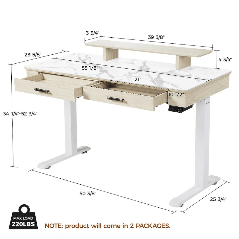 55 Slate Stone Standing Desk Executive Writing Desk with 2 Drawers & Monitor Stand