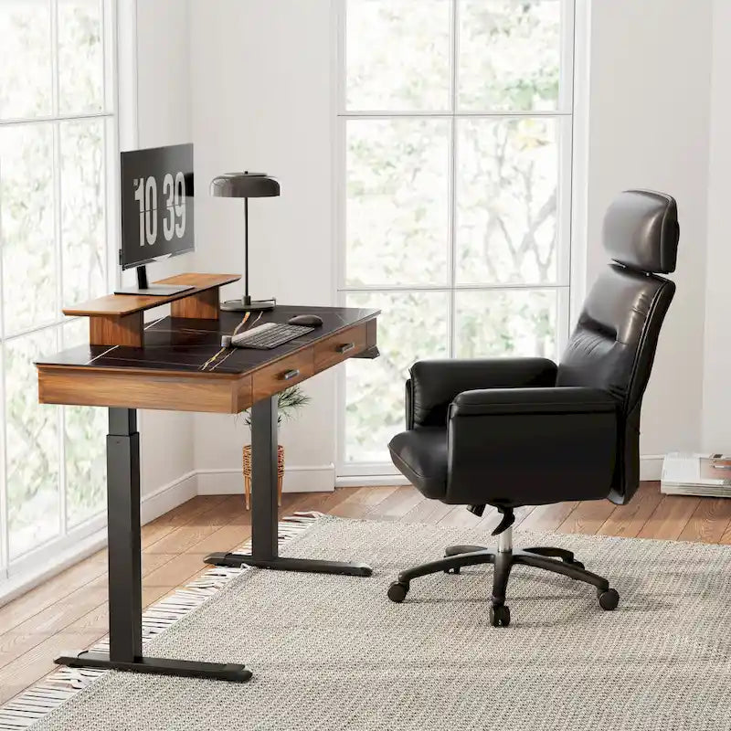 55 Slate Stone Standing Desk Executive Writing Desk with 2 Drawers & Monitor Stand