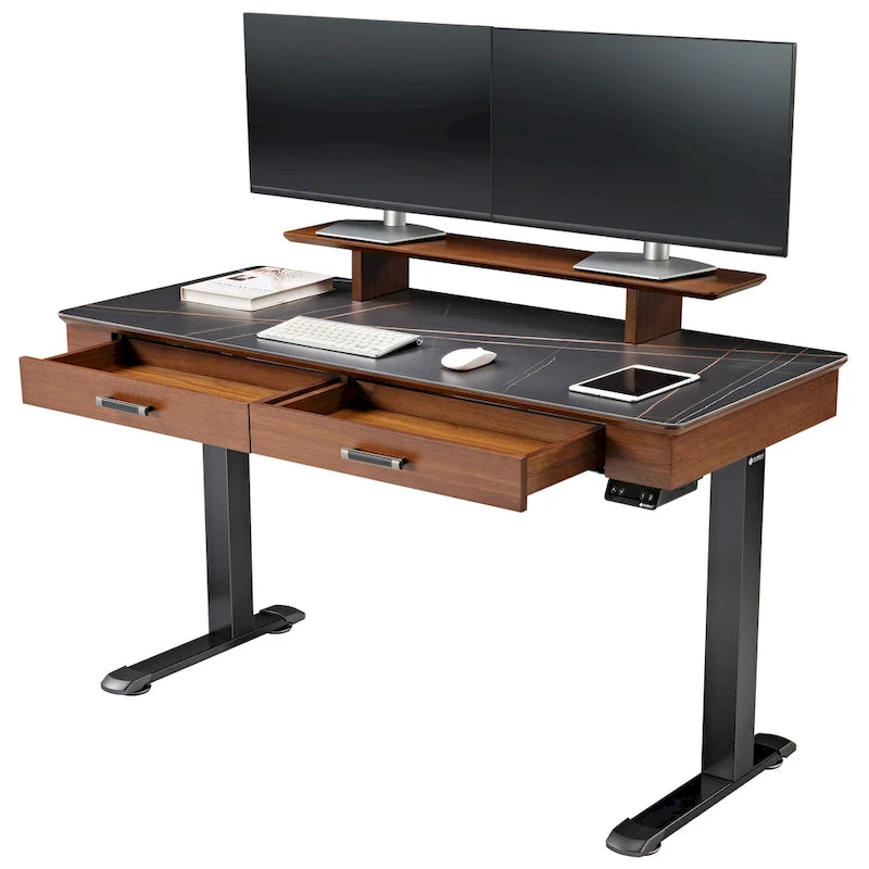 55 Slate Stone Standing Desk Executive Writing Desk with 2 Drawers & Monitor Stand