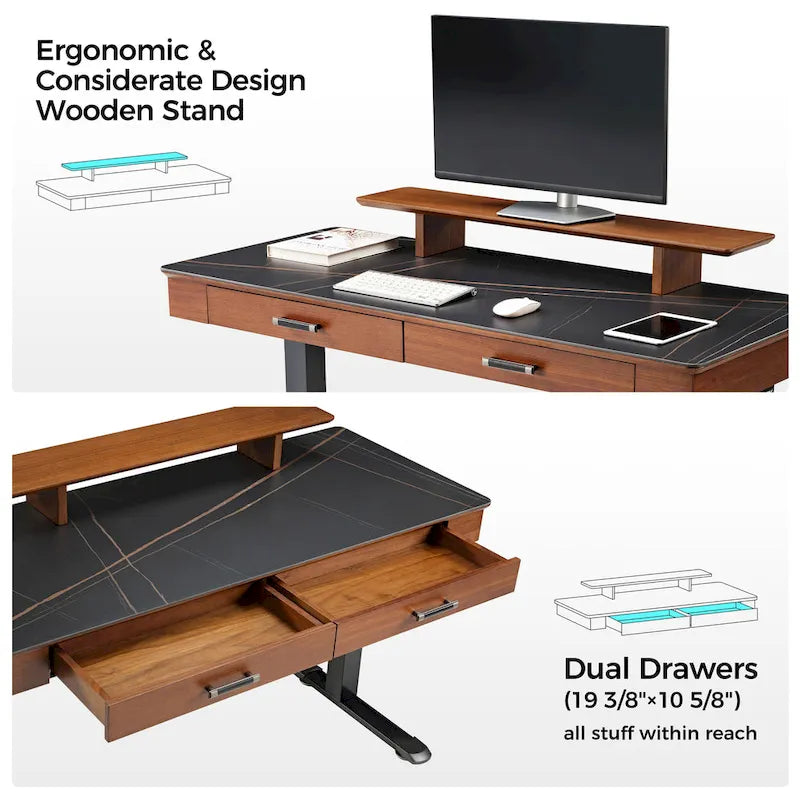 55 Slate Stone Standing Desk Executive Writing Desk with 2 Drawers & Monitor Stand