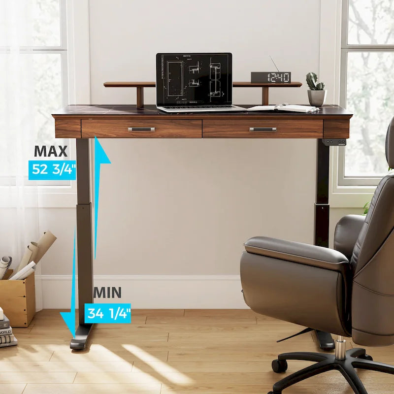 55 Slate Stone Standing Desk Executive Writing Desk with 2 Drawers & Monitor Stand