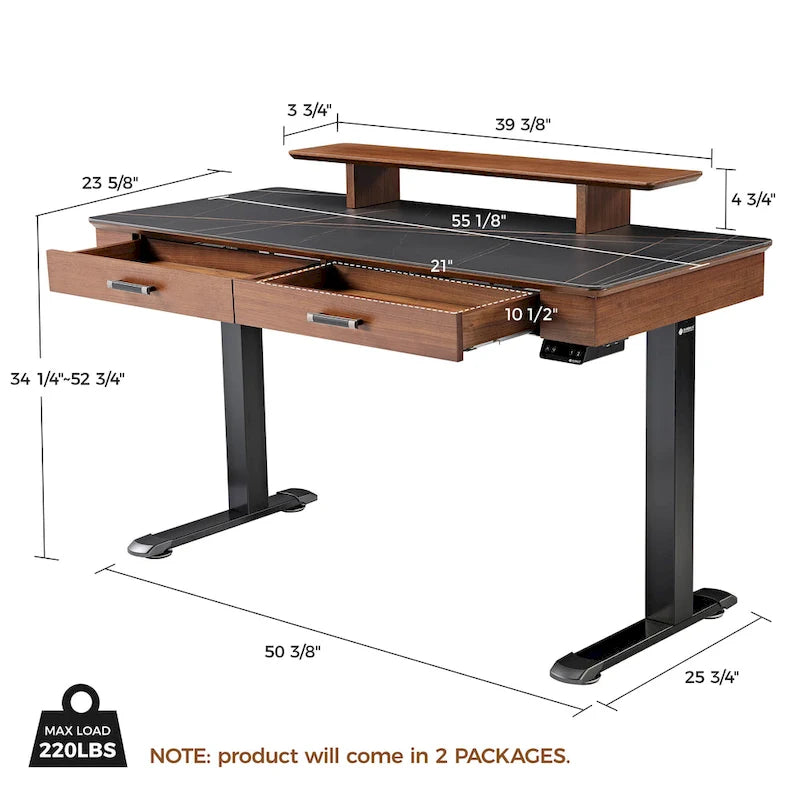 55 Slate Stone Standing Desk Executive Writing Desk with 2 Drawers & Monitor Stand
