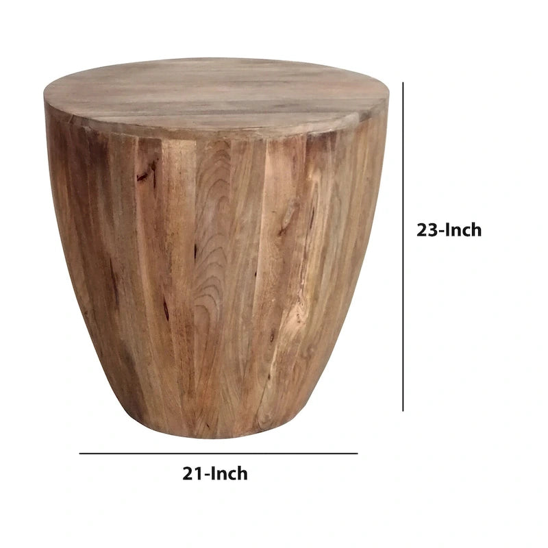 Handcarved Cylindrical Shape Round Mango Wood Distressed Wooden Side End Table, Brown