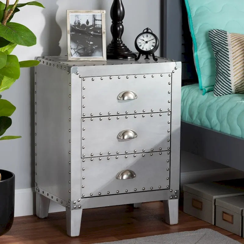 French Industrial Silver Metal 3-Drawer End Table