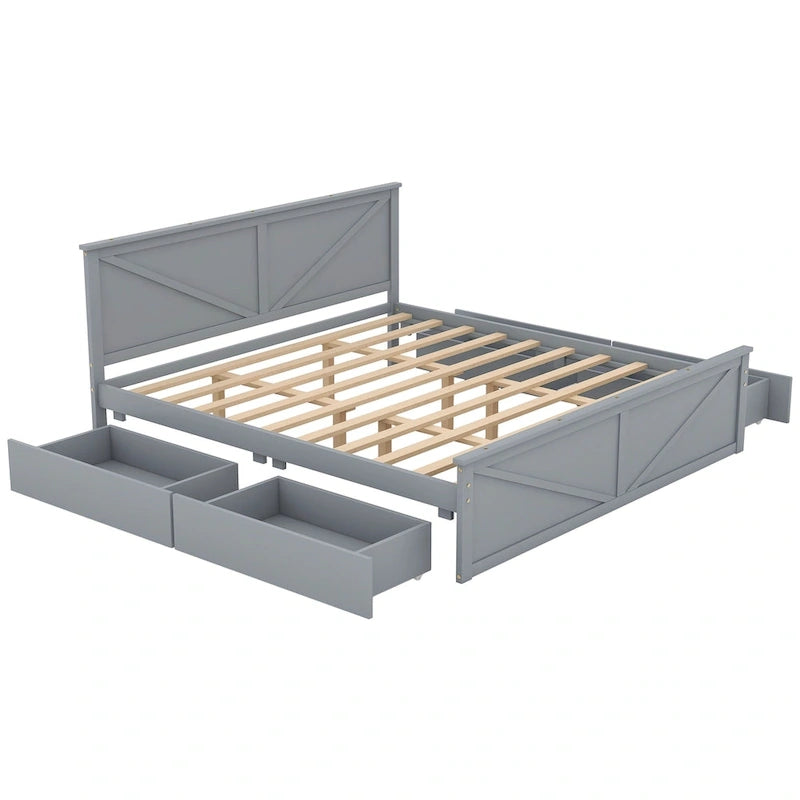 Wooden Platform Bed with Four Storage Drawers and Support Legs