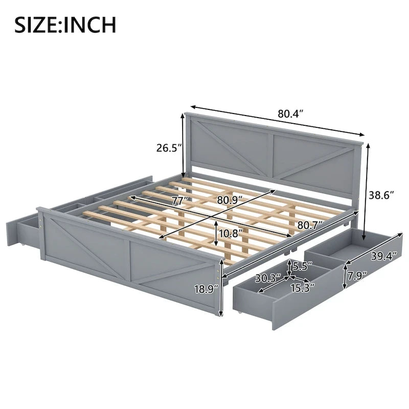 Wooden Platform Bed with Four Storage Drawers and Support Legs