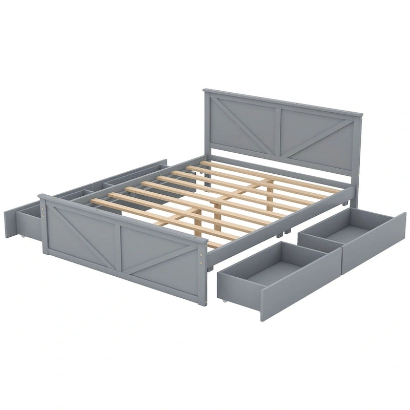 Wooden Platform Bed with Four Storage Drawers and Support Legs