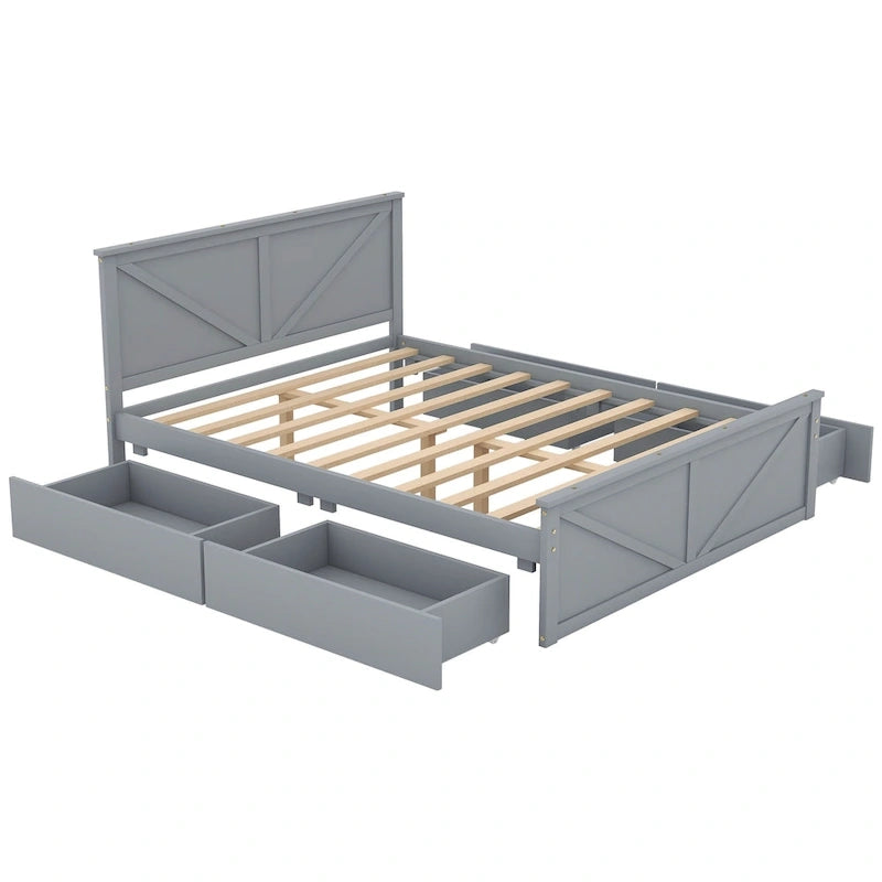 Wooden Platform Bed with Four Storage Drawers and Support Legs