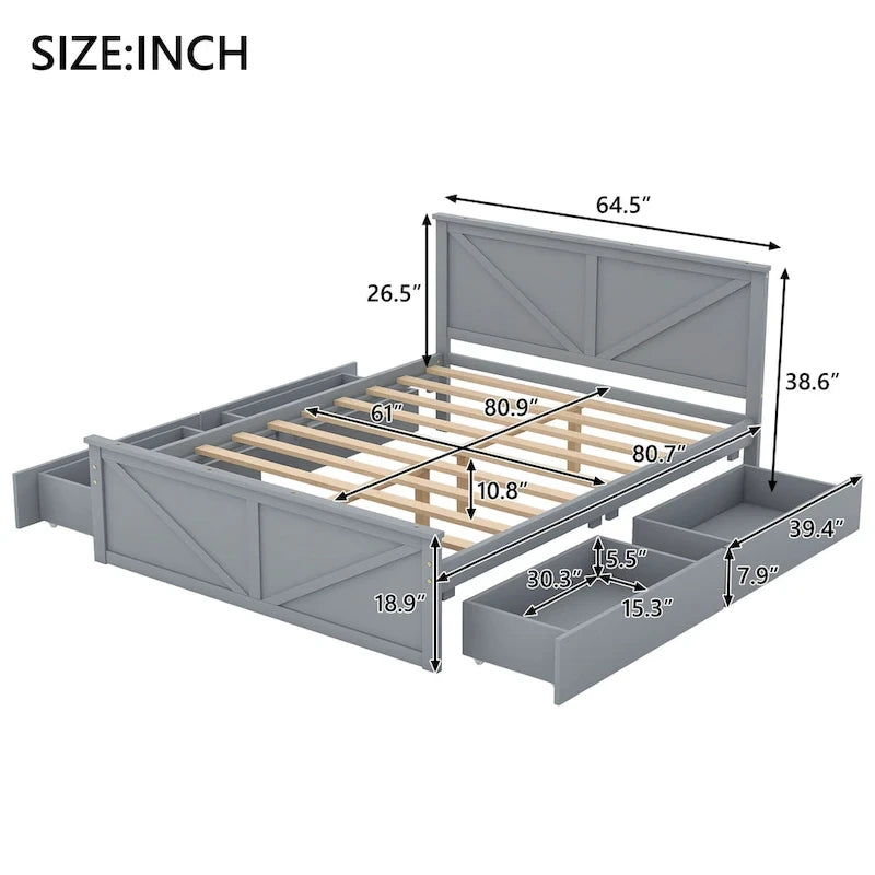 Wooden Platform Bed with Four Storage Drawers and Support Legs