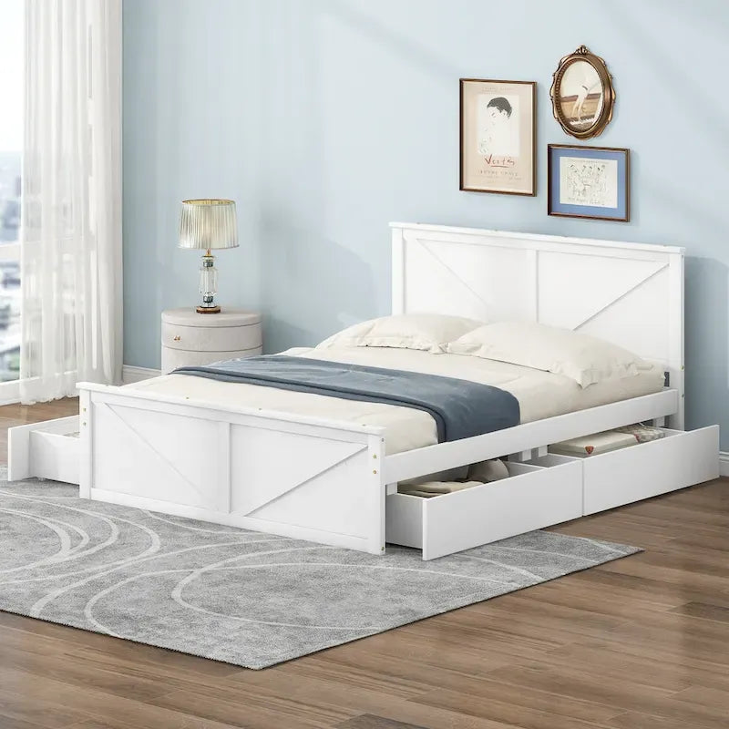 Wooden Platform Bed with Four Storage Drawers and Support Legs