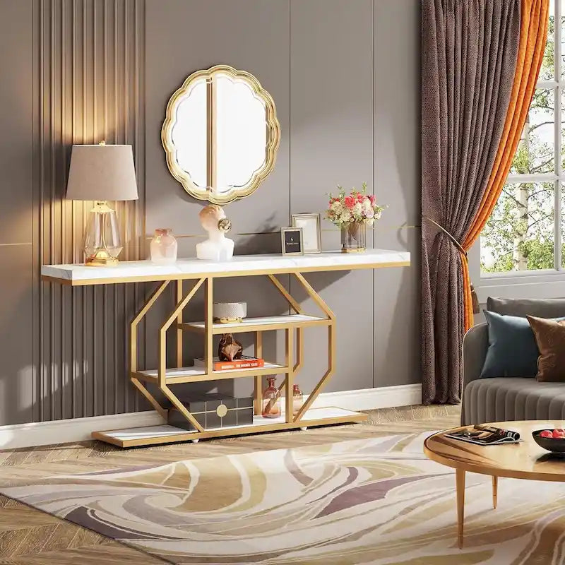 70.9 inch Extra Long Console Table, Modern Behind Couch Sofa Table, Faux Marble Entryway Table for Living Room, Hallway