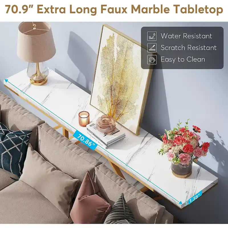 70.9 inch Extra Long Console Table, Modern Behind Couch Sofa Table, Faux Marble Entryway Table for Living Room, Hallway