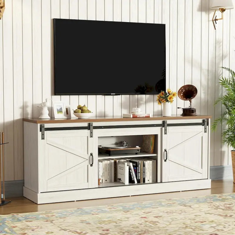 67 Farmhouse TV Stand with Large Cabinet with Sliding Barn Door & Fireplace