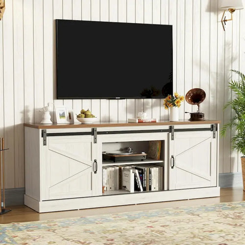 67 Farmhouse TV Stand with Large Cabinet with Sliding Barn Door & Fireplace