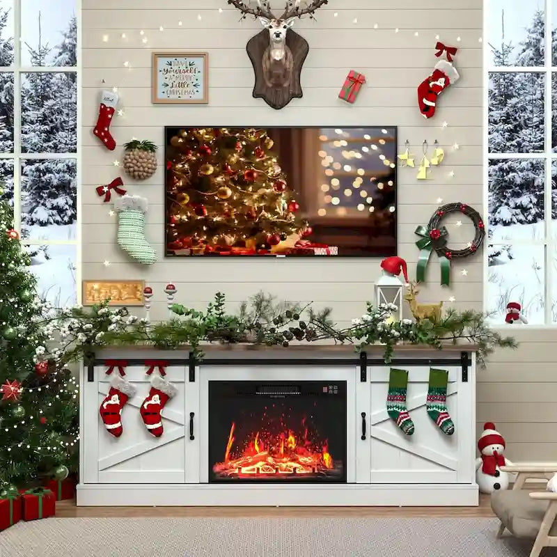 67 Farmhouse TV Stand with Large Cabinet with Sliding Barn Door & Fireplace