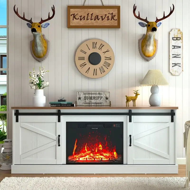 67 Farmhouse TV Stand with Large Cabinet with Sliding Barn Door & Fireplace