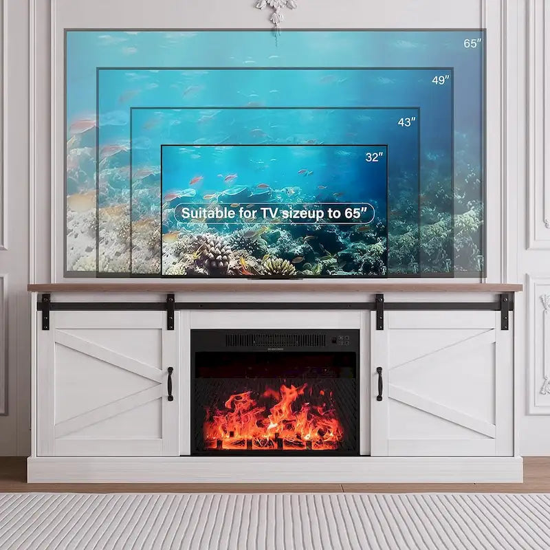 67 Farmhouse TV Stand with Large Cabinet with Sliding Barn Door & Fireplace