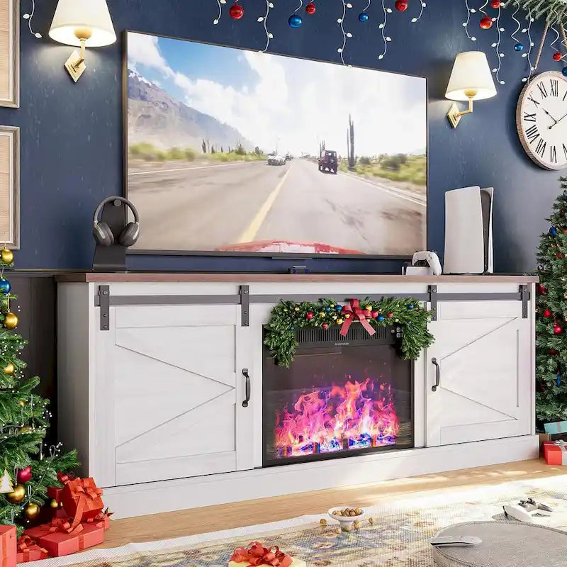 67 Farmhouse TV Stand with Large Cabinet with Sliding Barn Door & Fireplace