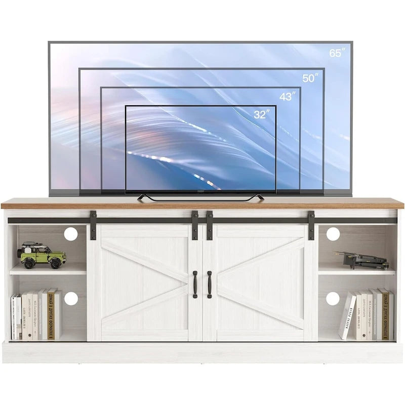 67 Farmhouse TV Stand with Large Cabinet with Sliding Barn Door & Fireplace