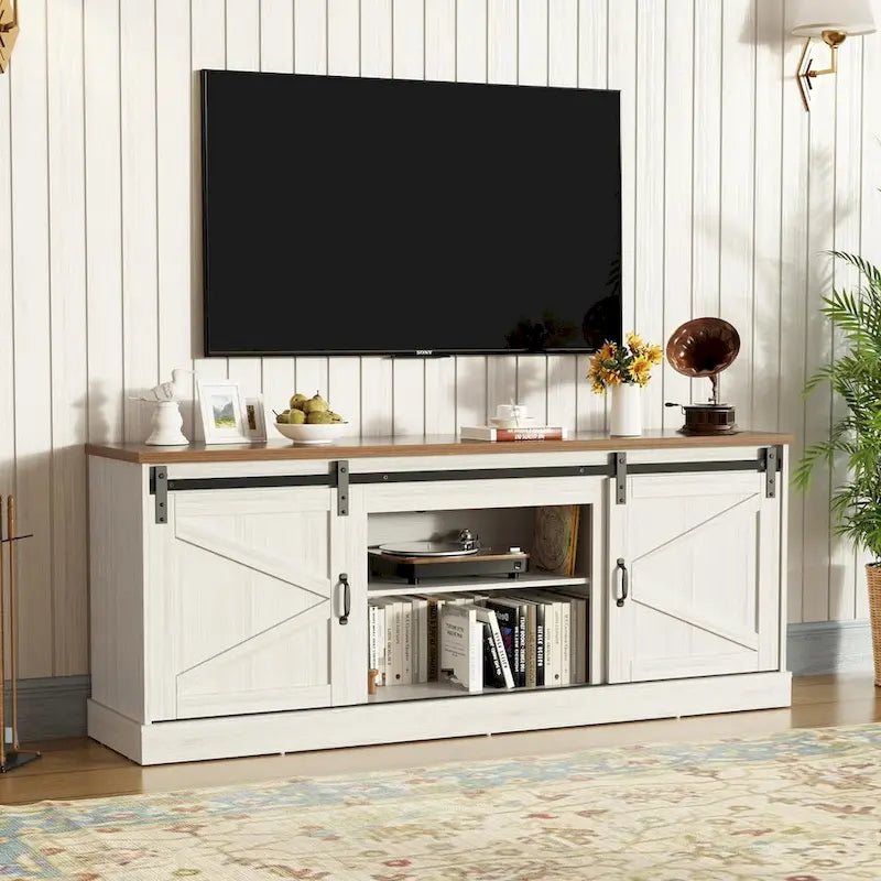 67 Farmhouse TV Stand with Large Cabinet with Sliding Barn Door & Fireplace