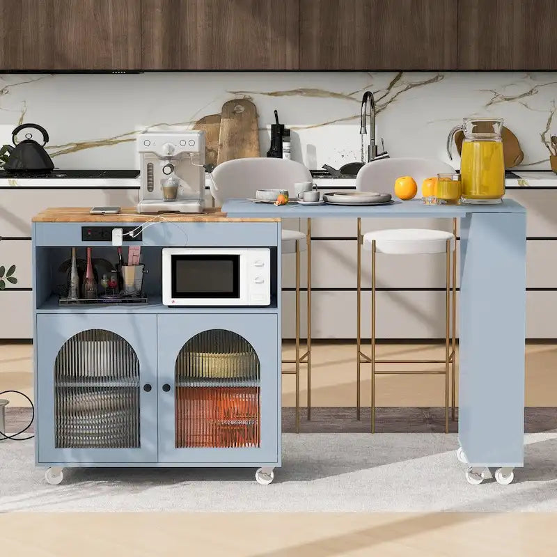 Rubberwood Kitchen Cart with Drop Leaf, Extended Table, 2 Fluted Glass Doors, LED Light and Power Outlet