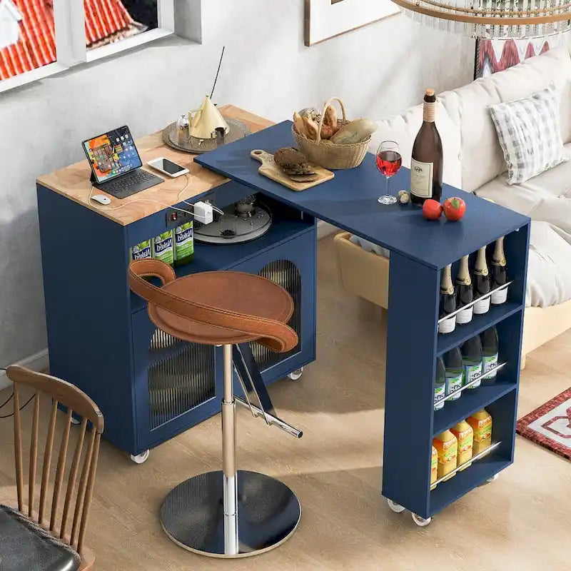 Rubberwood Kitchen Cart with Drop Leaf, Extended Table, 2 Fluted Glass Doors, LED Light and Power Outlet