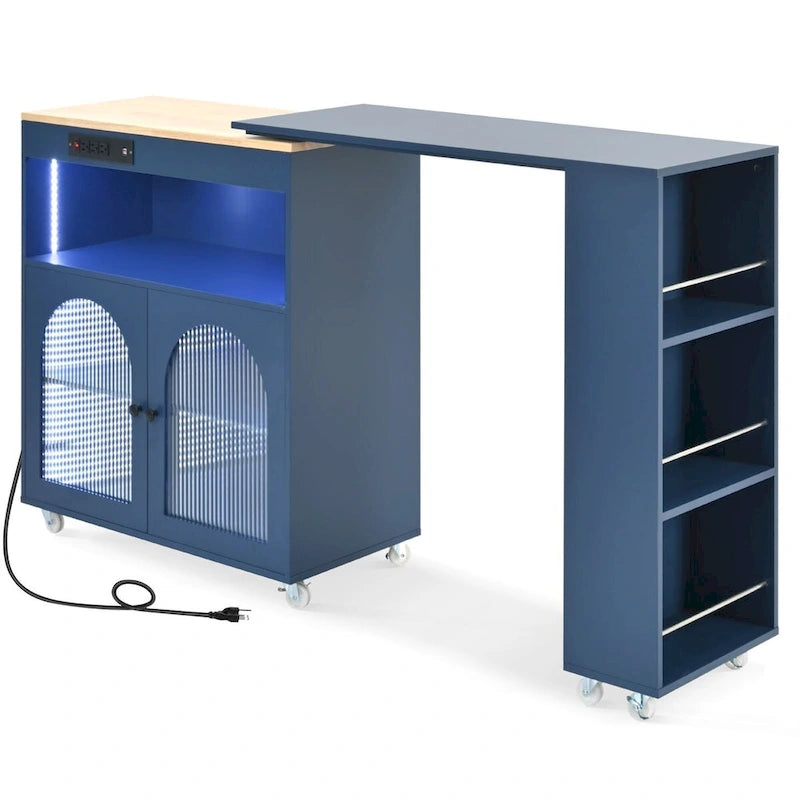 Rubberwood Kitchen Cart with Drop Leaf, Extended Table, 2 Fluted Glass Doors, LED Light and Power Outlet