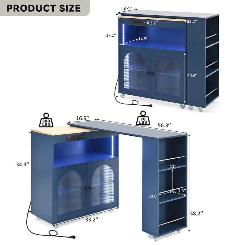 Rubberwood Kitchen Cart with Drop Leaf, Extended Table, 2 Fluted Glass Doors, LED Light and Power Outlet