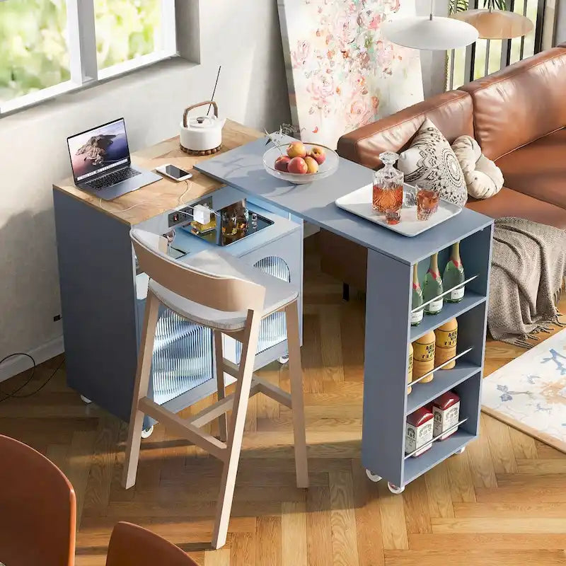 Rubberwood Kitchen Cart with Drop Leaf, Extended Table, 2 Fluted Glass Doors, LED Light and Power Outlet