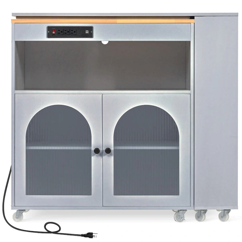 Rubberwood Kitchen Cart with Drop Leaf, Extended Table, 2 Fluted Glass Doors, LED Light and Power Outlet
