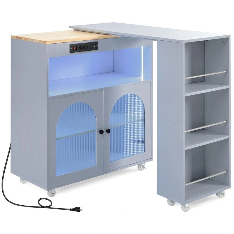 Rubberwood Kitchen Cart with Drop Leaf, Extended Table, 2 Fluted Glass Doors, LED Light and Power Outlet