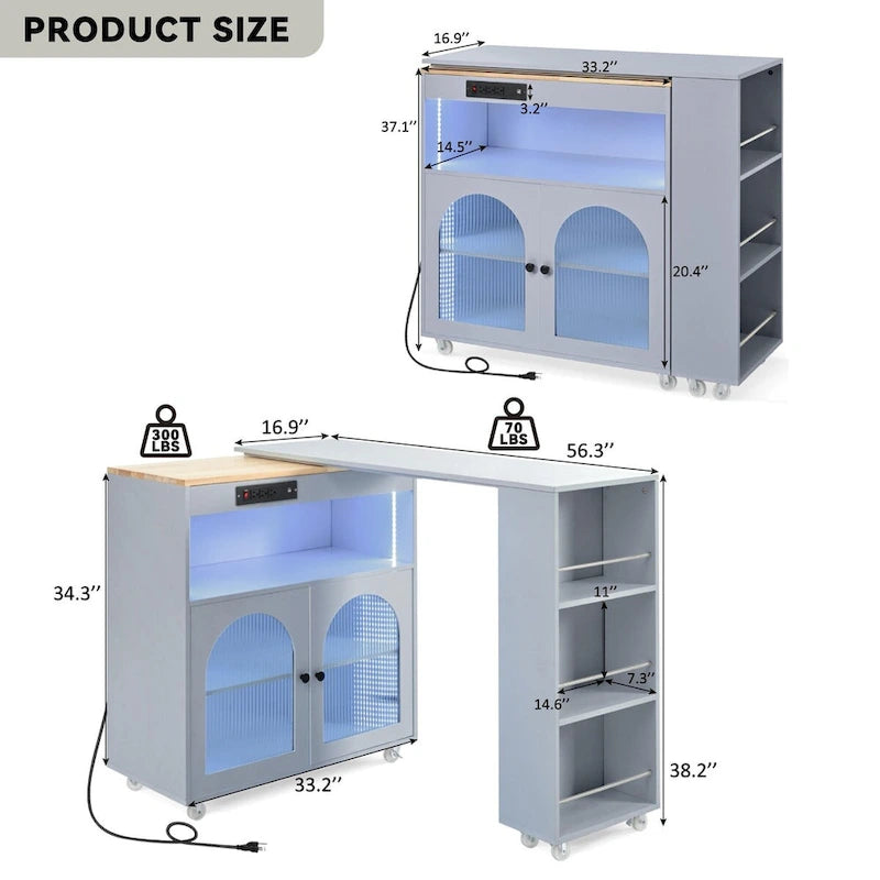 Rubberwood Kitchen Cart with Drop Leaf, Extended Table, 2 Fluted Glass Doors, LED Light and Power Outlet