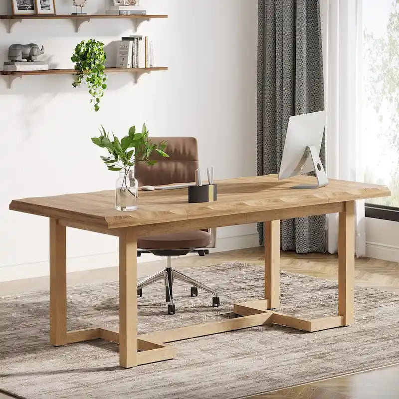 62.2-inch Wood Rectangular Computer Desk with Solid Wood Legs