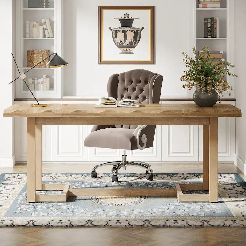 62.2-inch Wood Rectangular Computer Desk with Solid Wood Legs