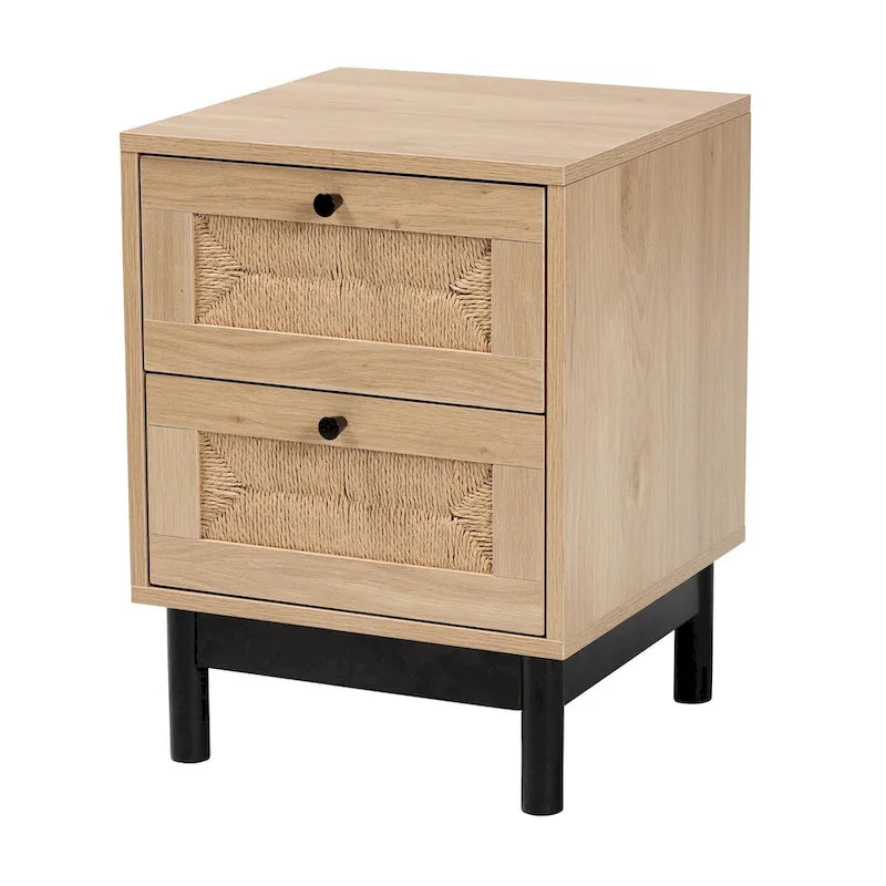 Mid-Century Modern Light Brown and Black 2-Drawer End Table