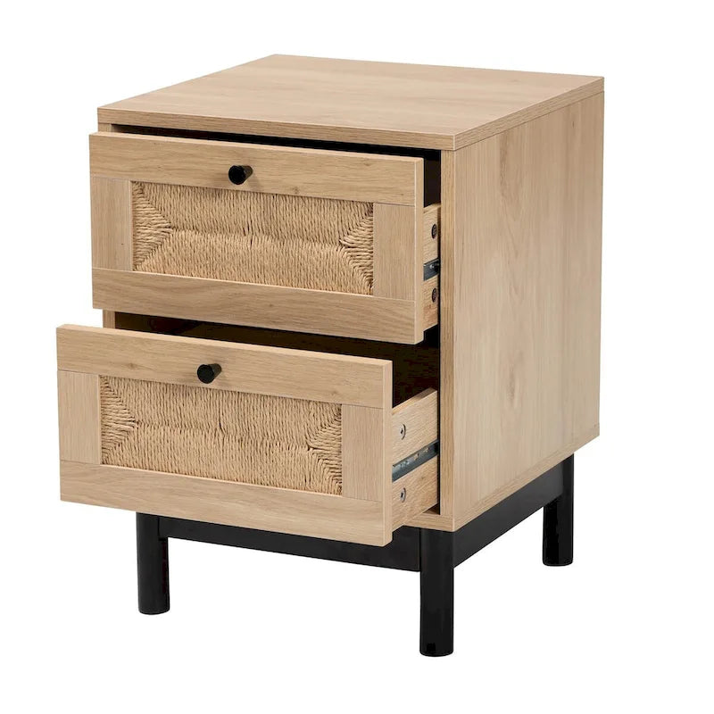 Mid-Century Modern Light Brown and Black 2-Drawer End Table