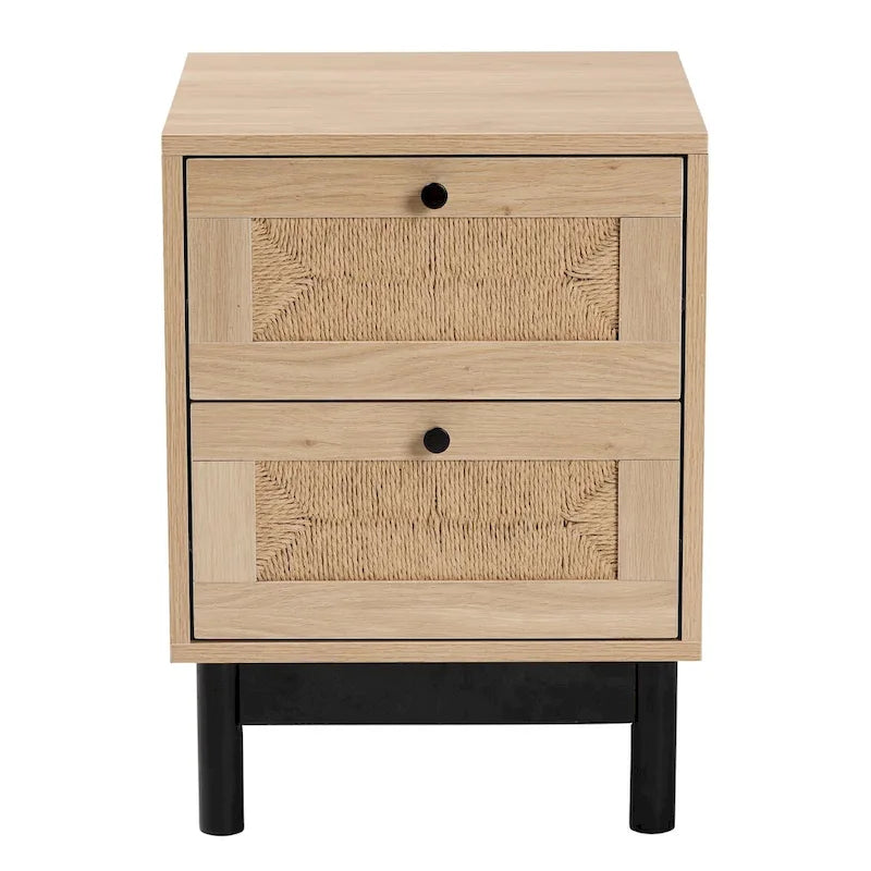 Mid-Century Modern Light Brown and Black 2-Drawer End Table